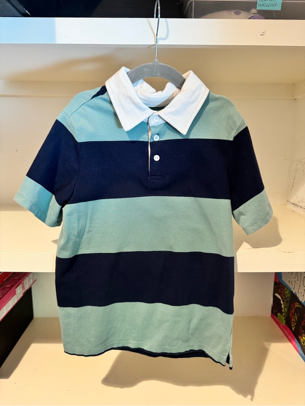Striped Short-Sleeve Polo for Kids - Navy & Sage with White Collar